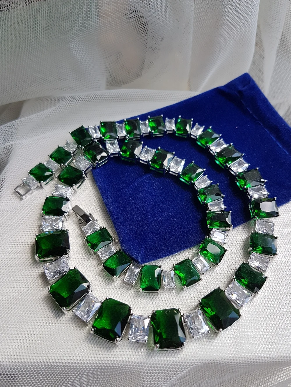 Swarovski Elements Emerald Green & Clear Square Gemstone Statement Necklace NEW